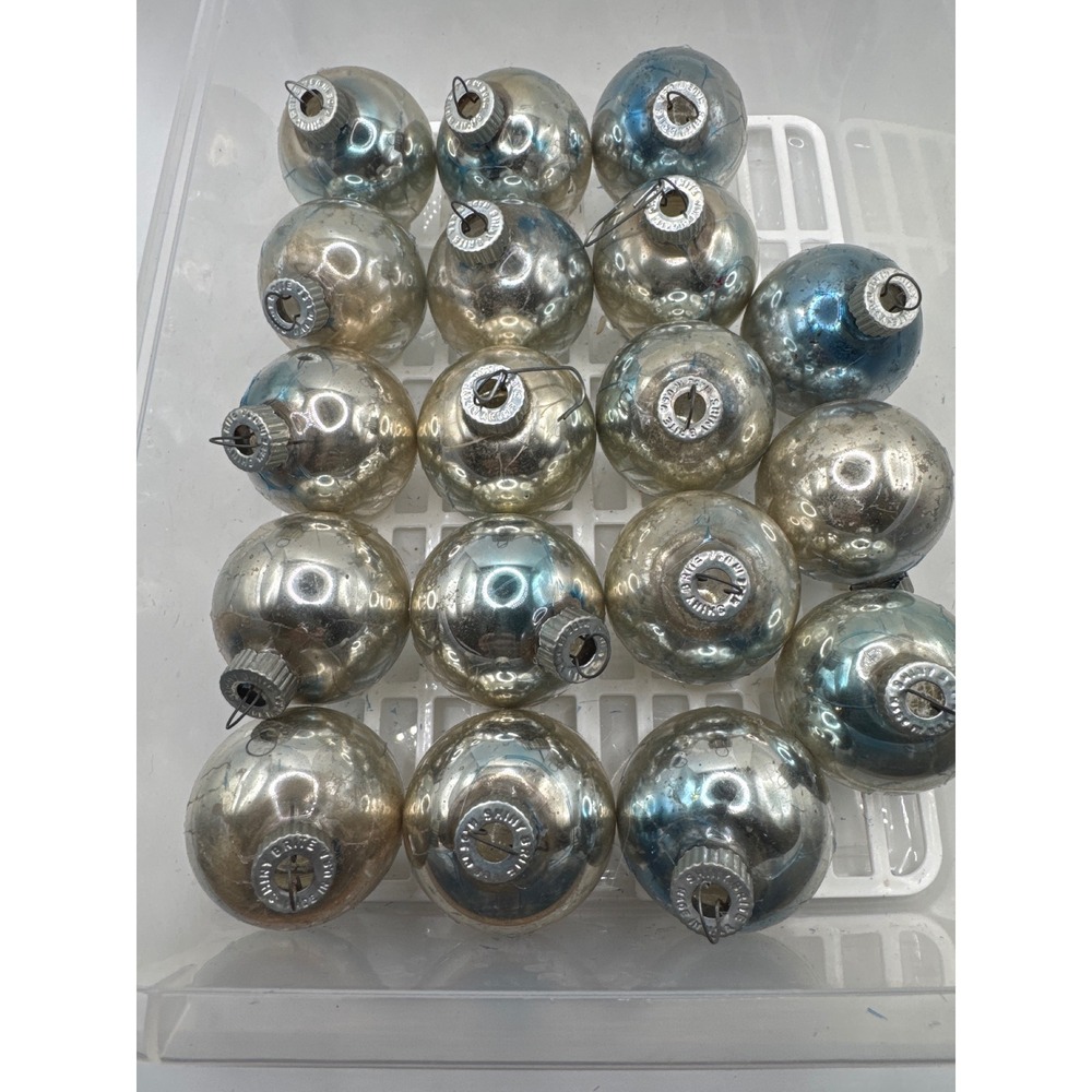 Shiny Brite Vintage Glass Ornaments Set of 18 Silver Blue Mercury Glass USA MCM